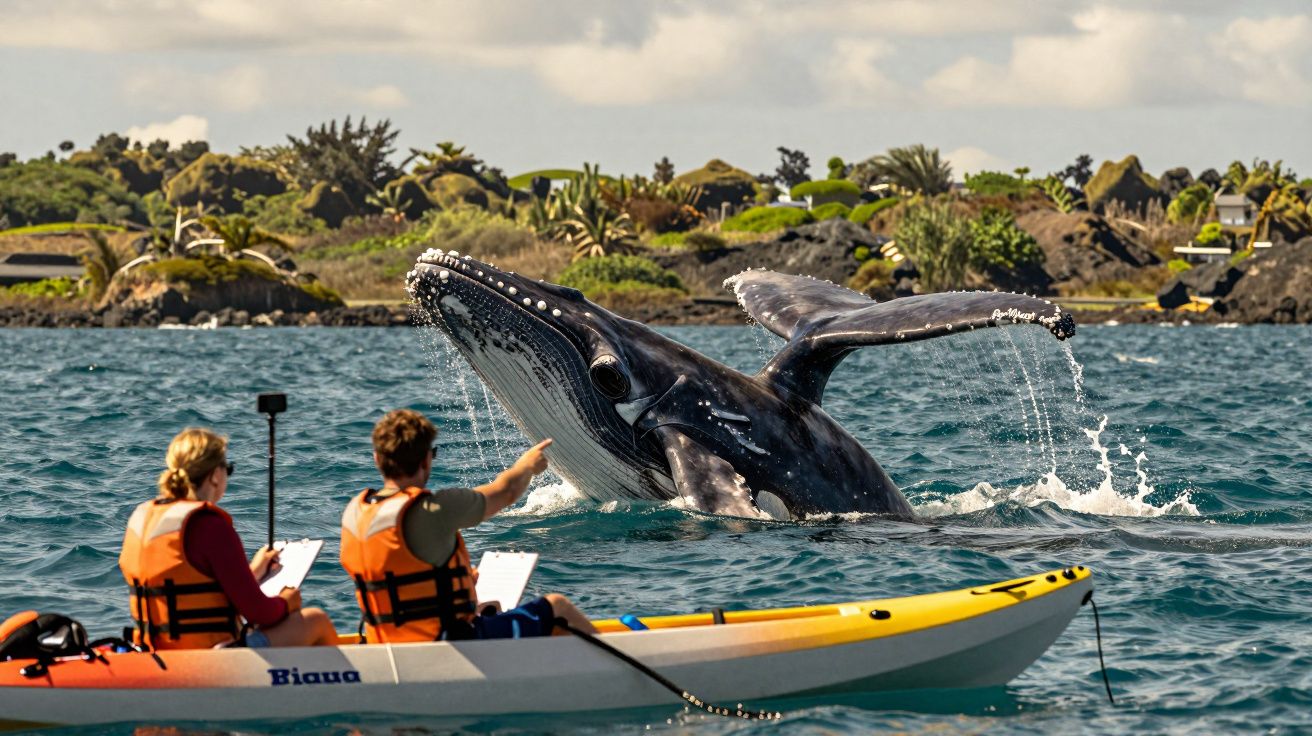 Duas pessoas de coletes salva-vidas num caiaque observam uma baleia jubarte a saltar para fora da água.