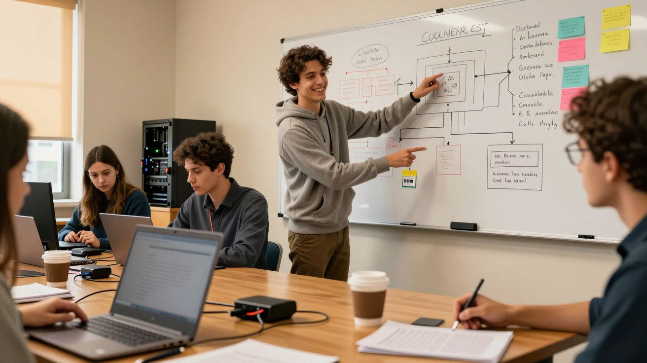 Jovem apresenta esquema em quadro branco a colegas numa sala de aula, com portáteis e café na mesa.