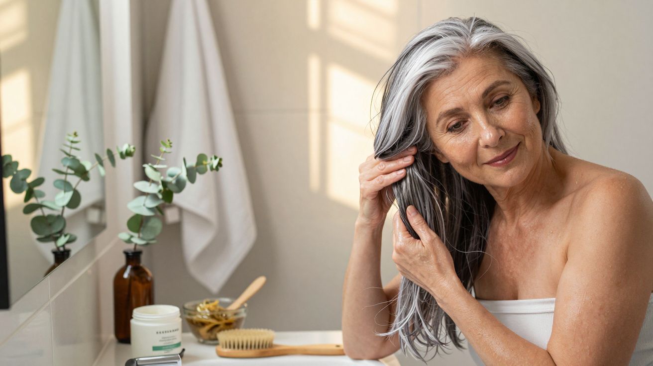 Mulher de cabelo grisalho cuidando-se no banheiro, com toalha ao fundo e planta decorativa na bancada.