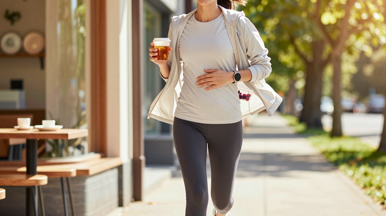 Mulher a correr ao ar livre, segurando café, com roupas de desporto e smartwatch, em avenida arborizada.