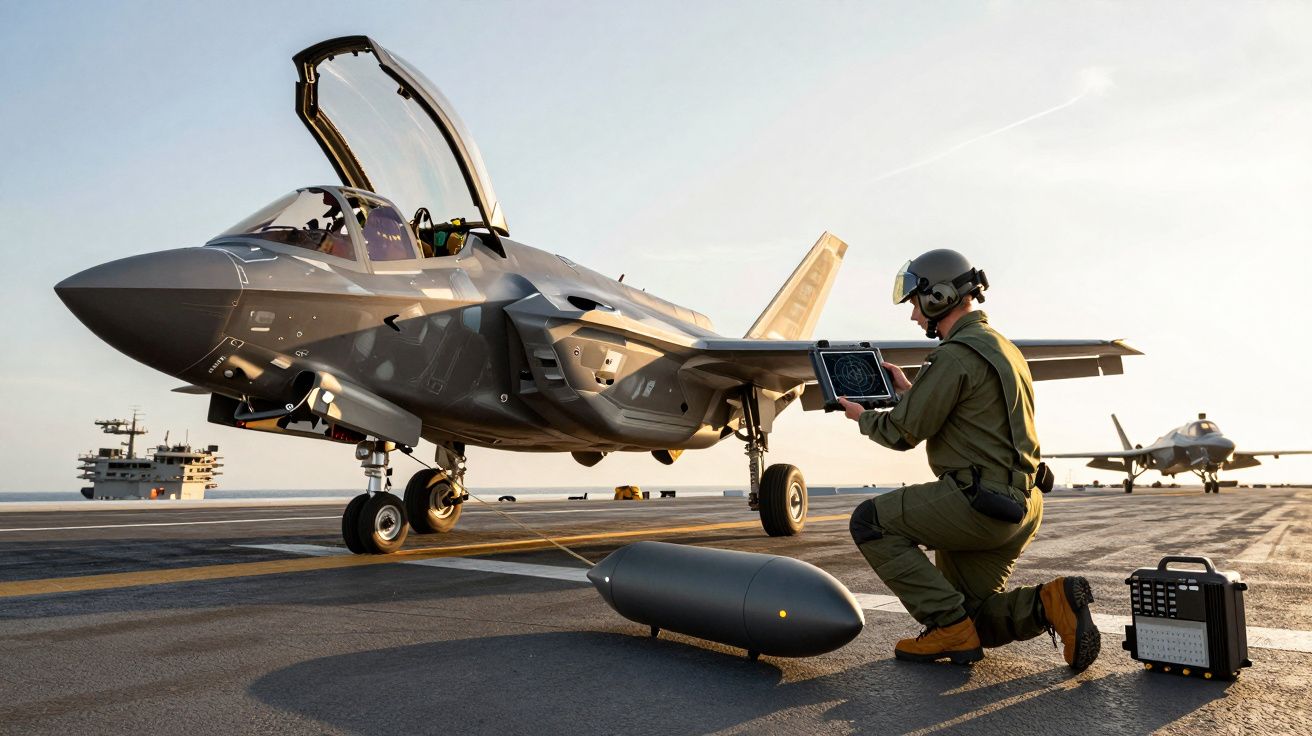 Piloto verifica painel perto de um caça jato F-35 em porta-aviões ao entardecer. Outro jato ao fundo.