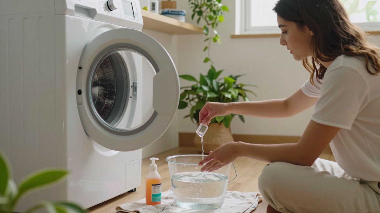 Mulher junto a máquina de lavar, colocando detergente numa bacia com água, rodeada de plantas e luz natural.