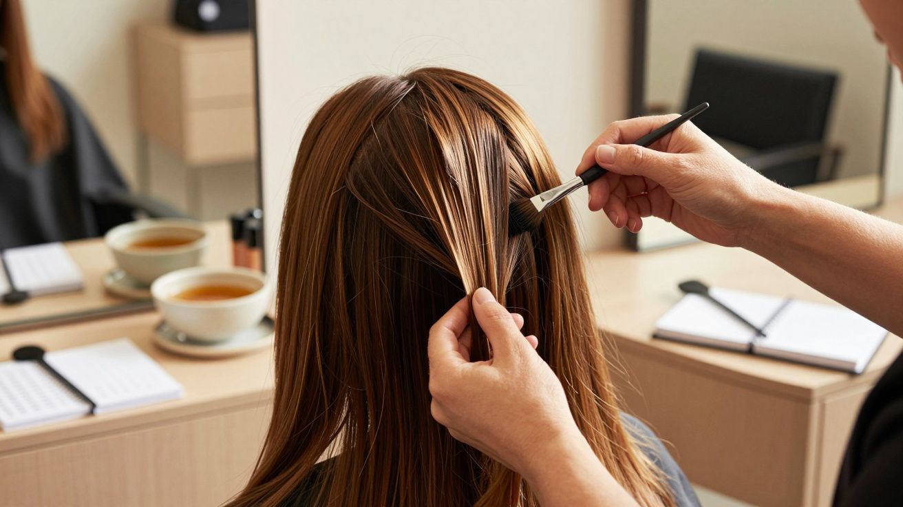 Cabeleireiro a aplicar tintura no cabelo de uma cliente sentada em frente ao espelho.