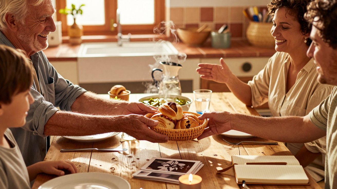 Família reunida à mesa, partilhando pão e conversando alegremente, com pratos de comida e caderno sobre a mesa.