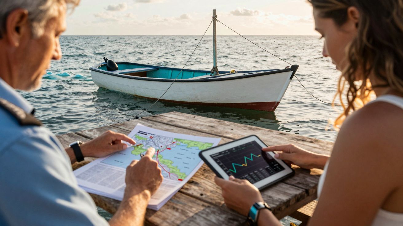 Duas pessoas à mesa junto ao mar, uma com mapa, outra com tablet. Barco pequeno flutuando ao fundo.