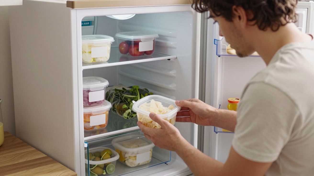 Homem a organizar alimentos em caixas transparentes dentro de um frigorífico.