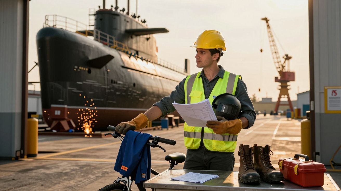 Trabalhador de capacete amarelo analisa documentos em estaleiro, com submarino ao fundo e faíscas a voar.