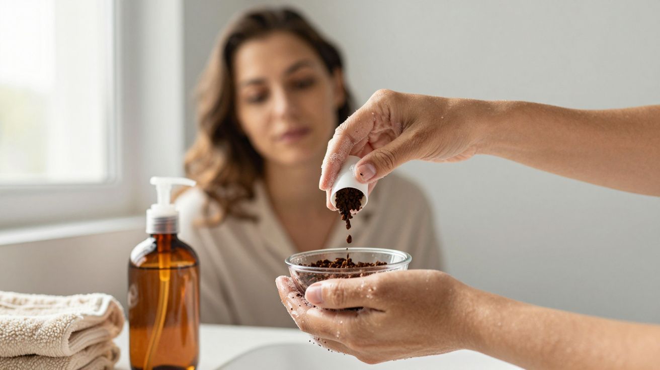 Mãos despejando esfoliante de café numa tigela, com mulher desfocada ao fundo e frasco de sabonete na bancada.