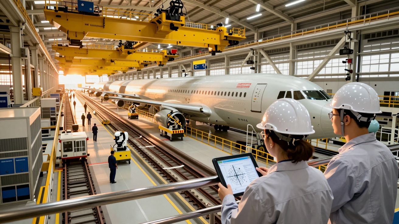 Pessoas com capacetes observam um avião em construção numa fábrica iluminada pelo sol.