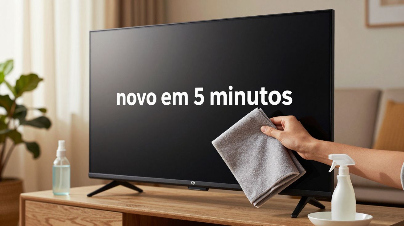 Pessoa limpa ecrã de TV com pano e spray, texto no ecrã "novo em 5 minutos".