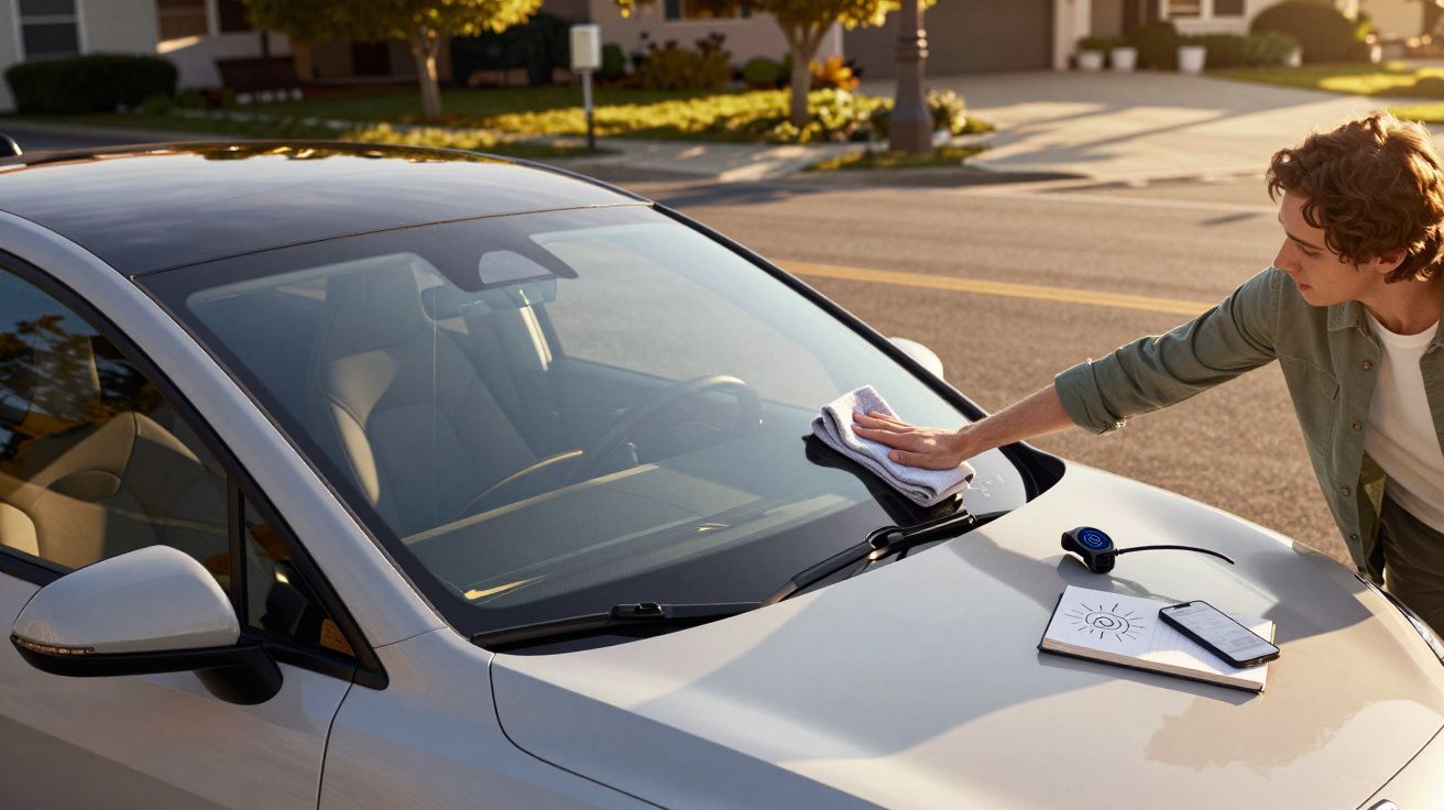 Homem limpa o para-brisas de um carro com um pano; ​há um papel e um dispositivo no capô.