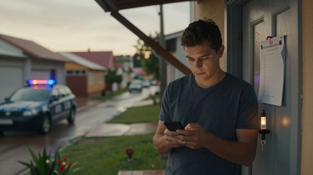 Homem de pé à porta, olhando para o telemóvel, com uma viatura policial ao fundo.