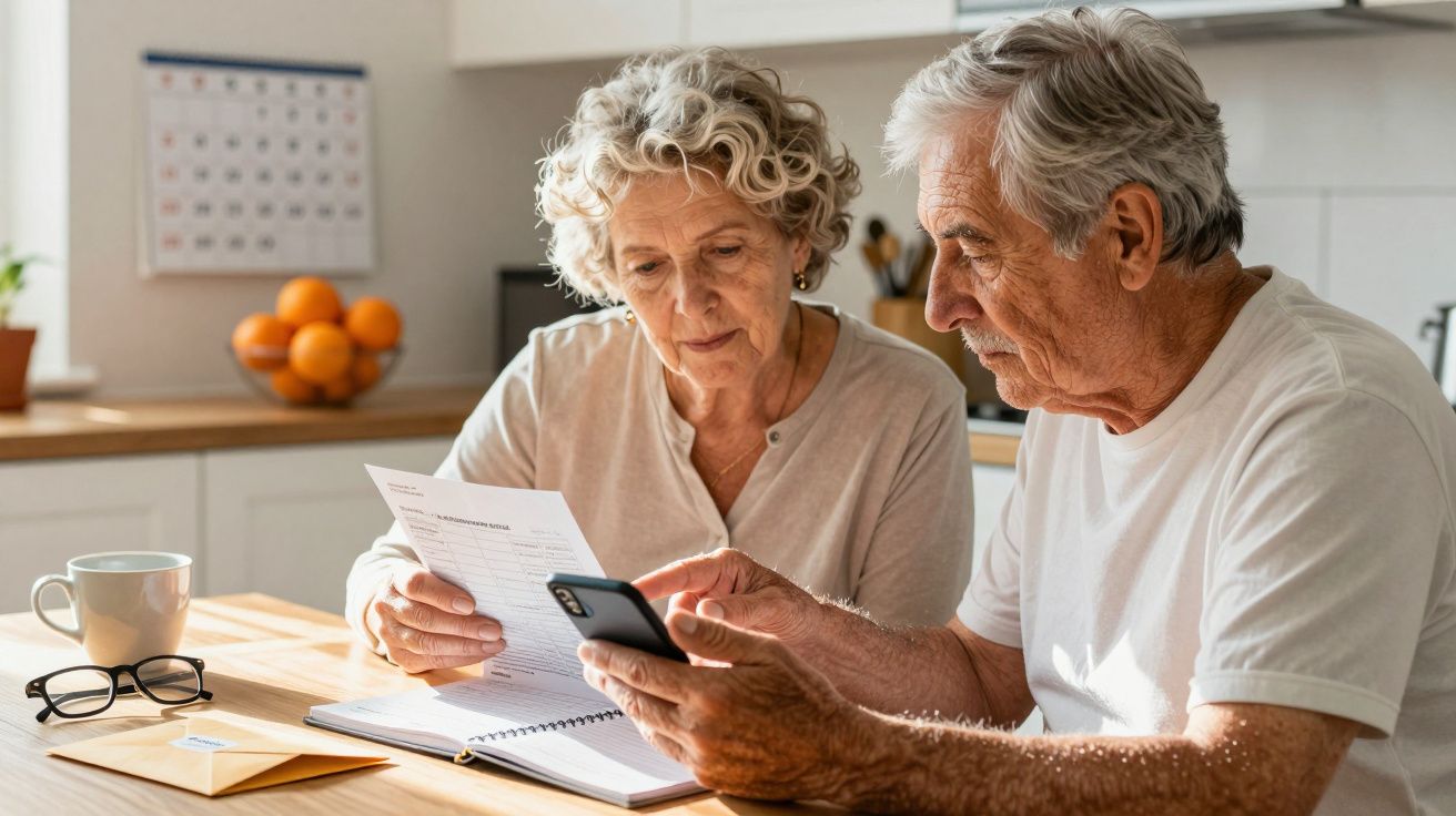 Casal idoso sentado à mesa da cozinha, analisando documentos e consultando o telemóvel juntos.