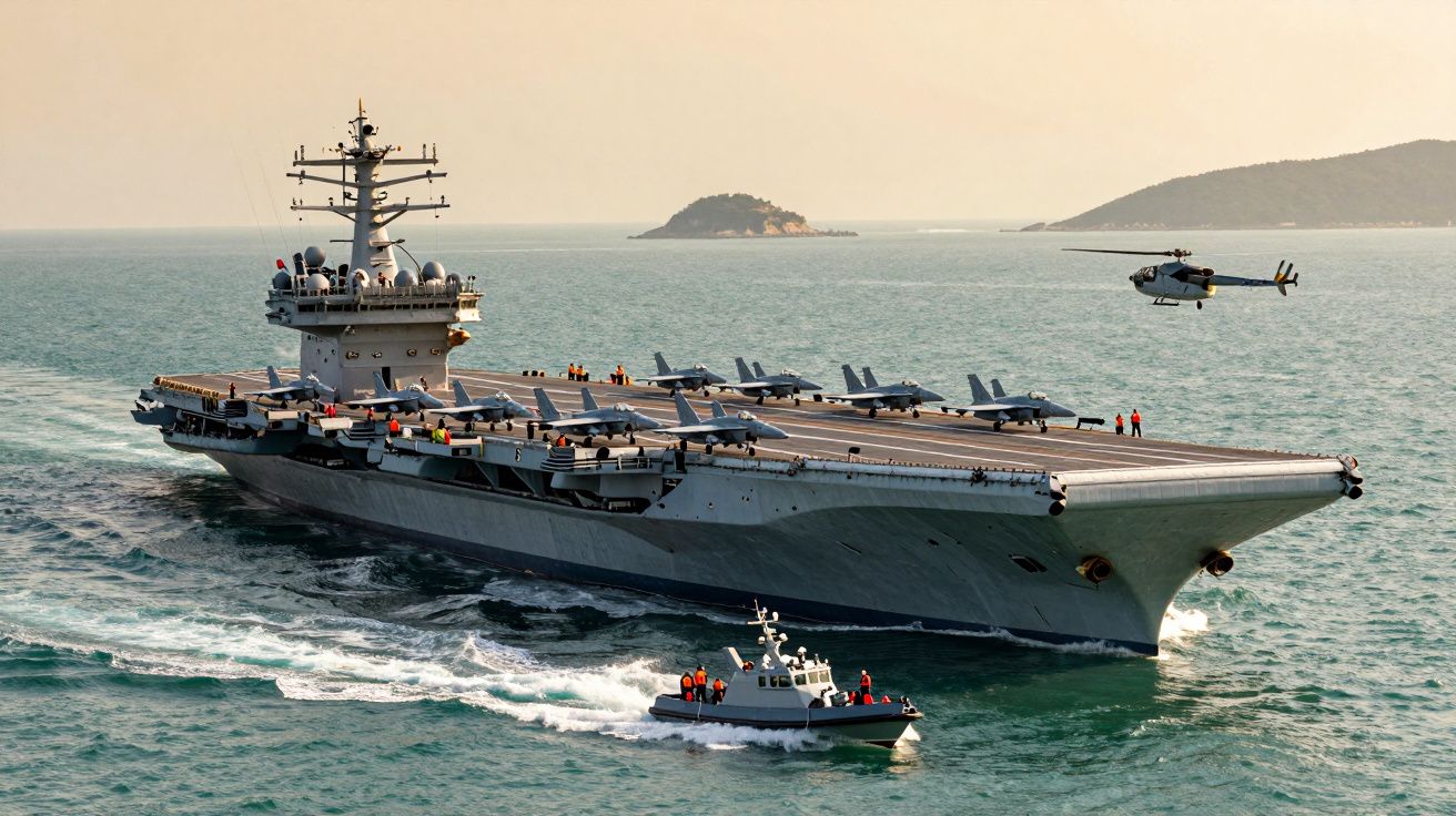 Porta-aviões em alto-mar com aviões no convés e helicóptero no ar, acompanhado por uma pequena embarcação.