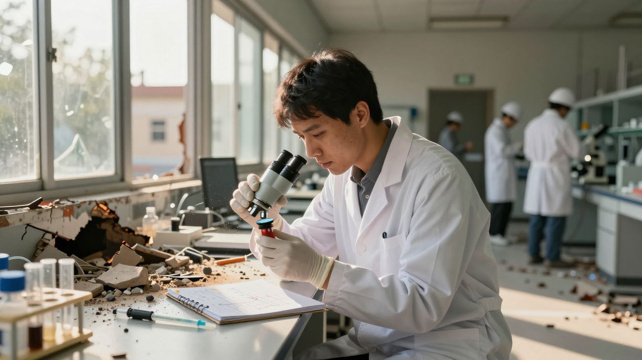 Cientista de bata branca observa amostra ao microscópio num laboratório danificado, com colegas ao fundo.
