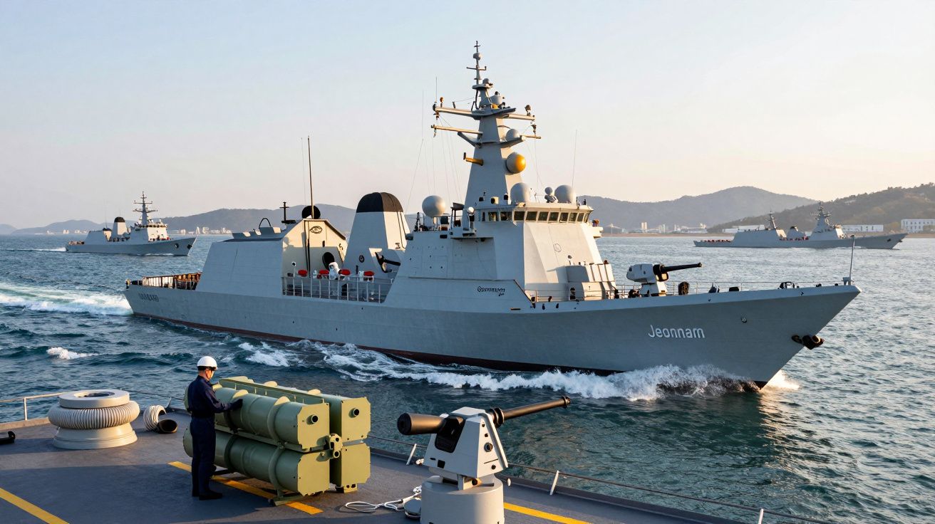 Navio de guerra cinzento a navegar em mar calmo, com horizonte montanhoso ao fundo e marinheiro em primeiro plano.