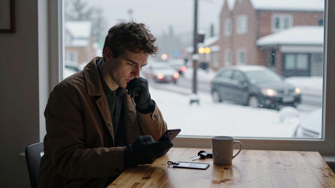 Homem com casaco e luvas consulta o telemóvel num café com janela, rua nevada ao fundo.