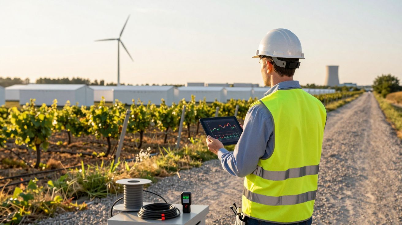 Trabalhador com tablet numa vinha, usa colete refletor, capacete; turbina eólica e edifícios ao fundo.
