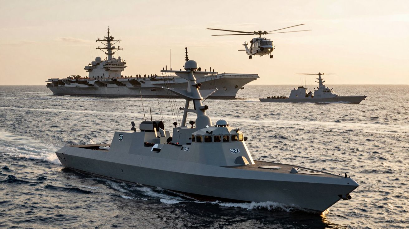 Navio de guerra e fragata a navegar com porta-aviões ao fundo, helicóptero sobrevoando o mar ao pôr do sol.