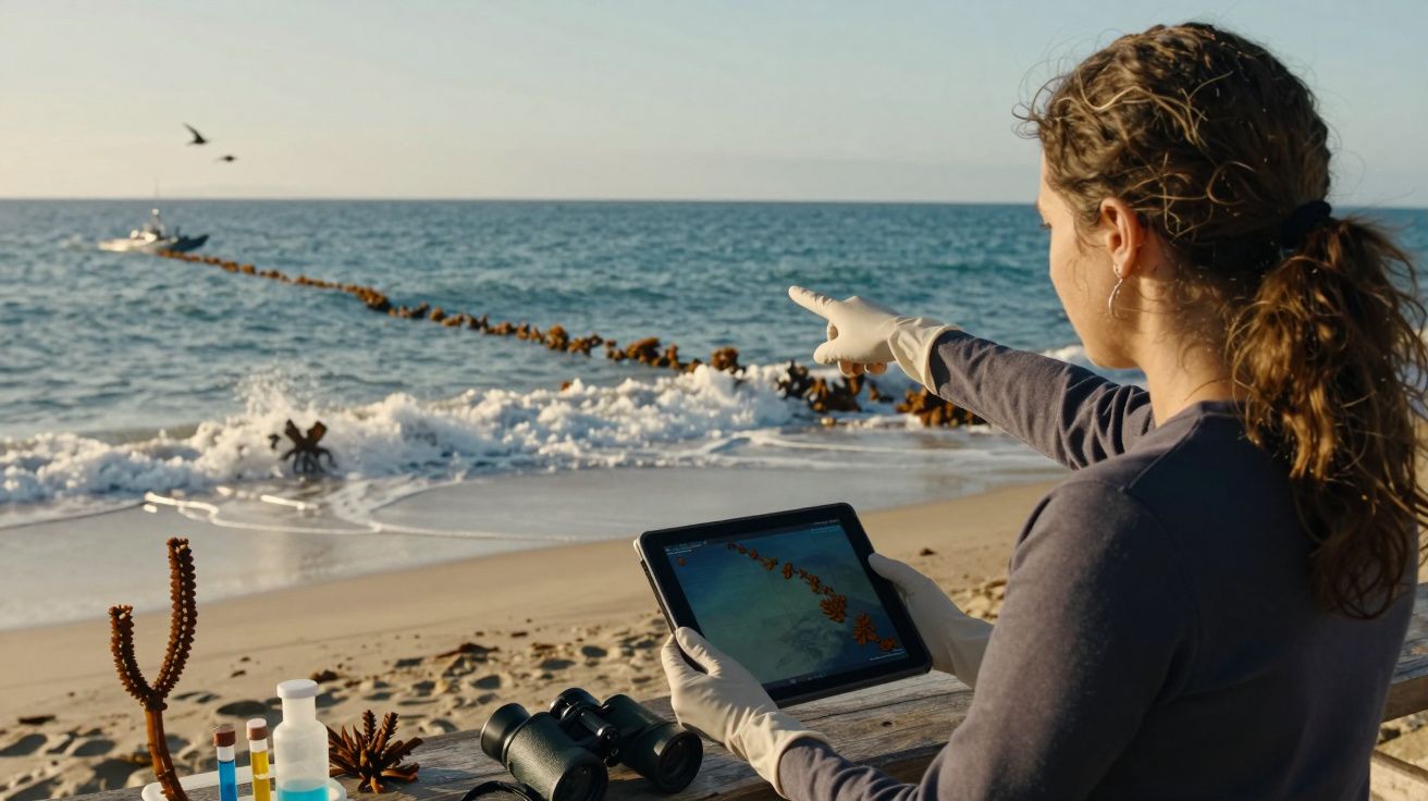Investigadora aponta para o mar enquanto segura um tablet, com equipamento científico sobre a mesa na praia.