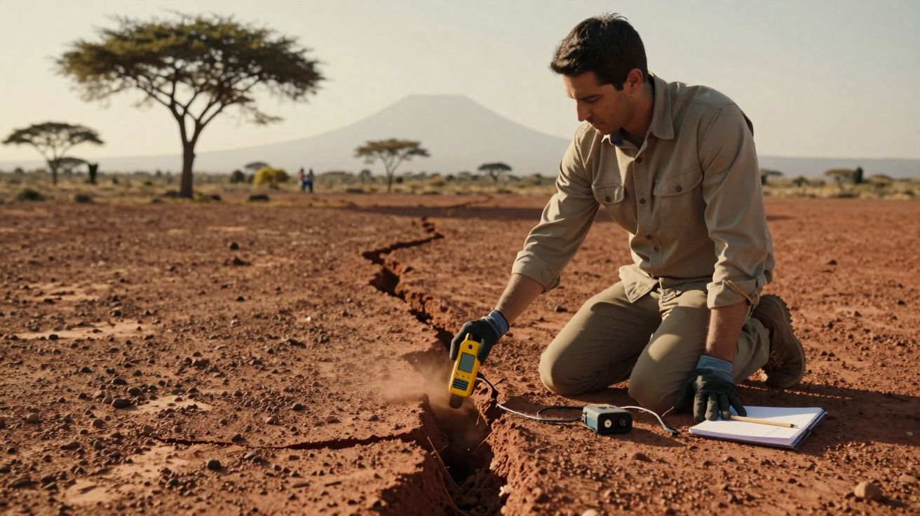 Homem ajoelhado no solo observando uma fenda com equipamentos, árvores ao fundo e montanha distante.