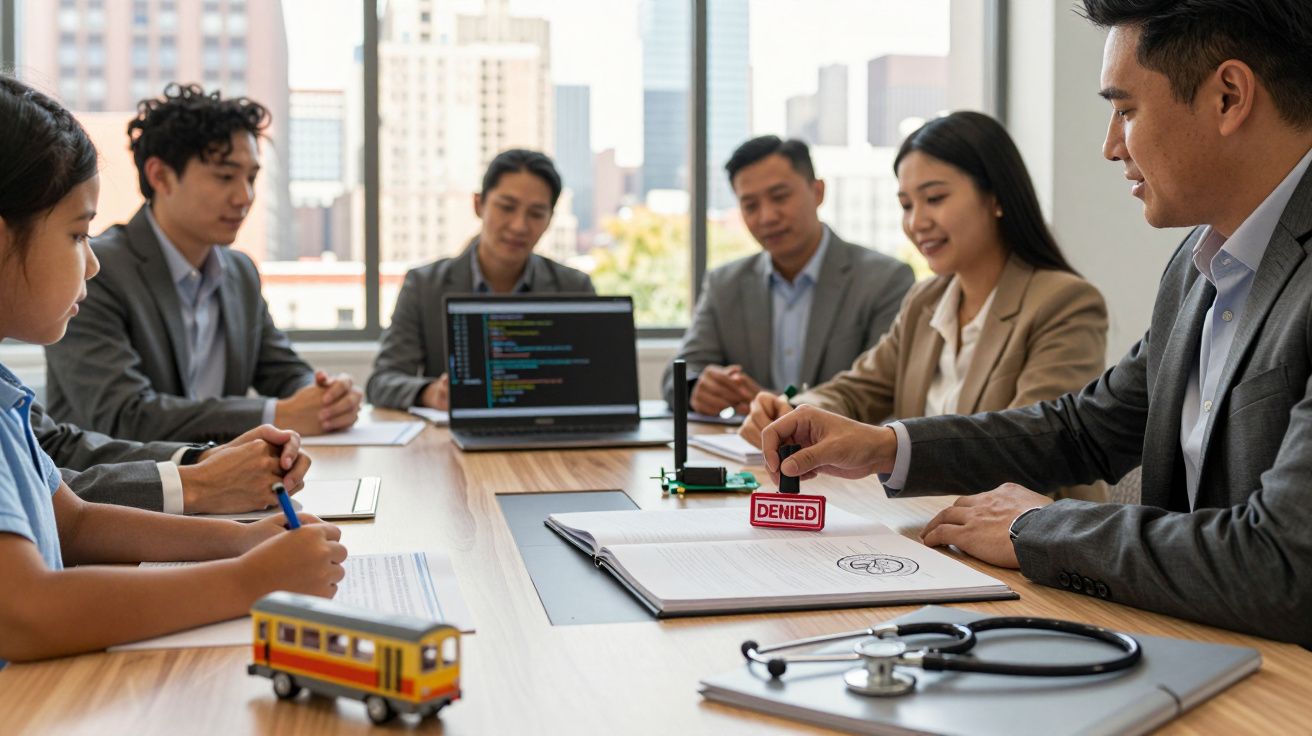 Reunião de negócios com seis pessoas numa mesa, laptop aberto e documento carimbado como "DENIED".
