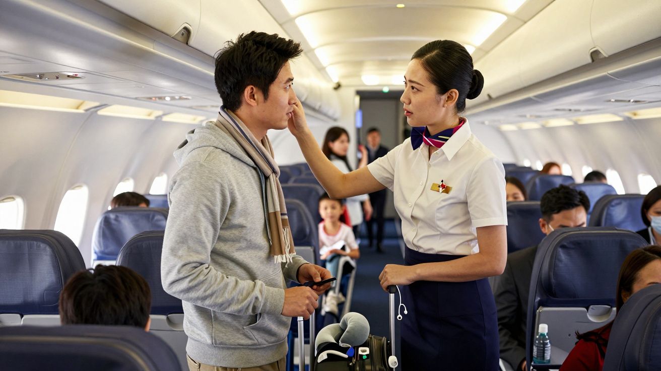 Assistente de bordo ajusta máscara a passageiro num avião com outros passageiros sentados no fundo.