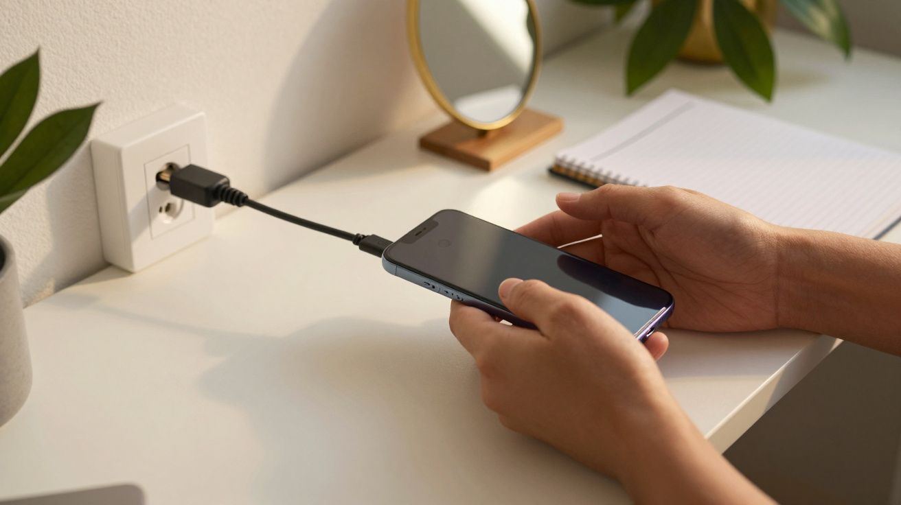 Pessoa a ligar um telemóvel a uma tomada numa mesa, com caderno e plantas ao fundo.