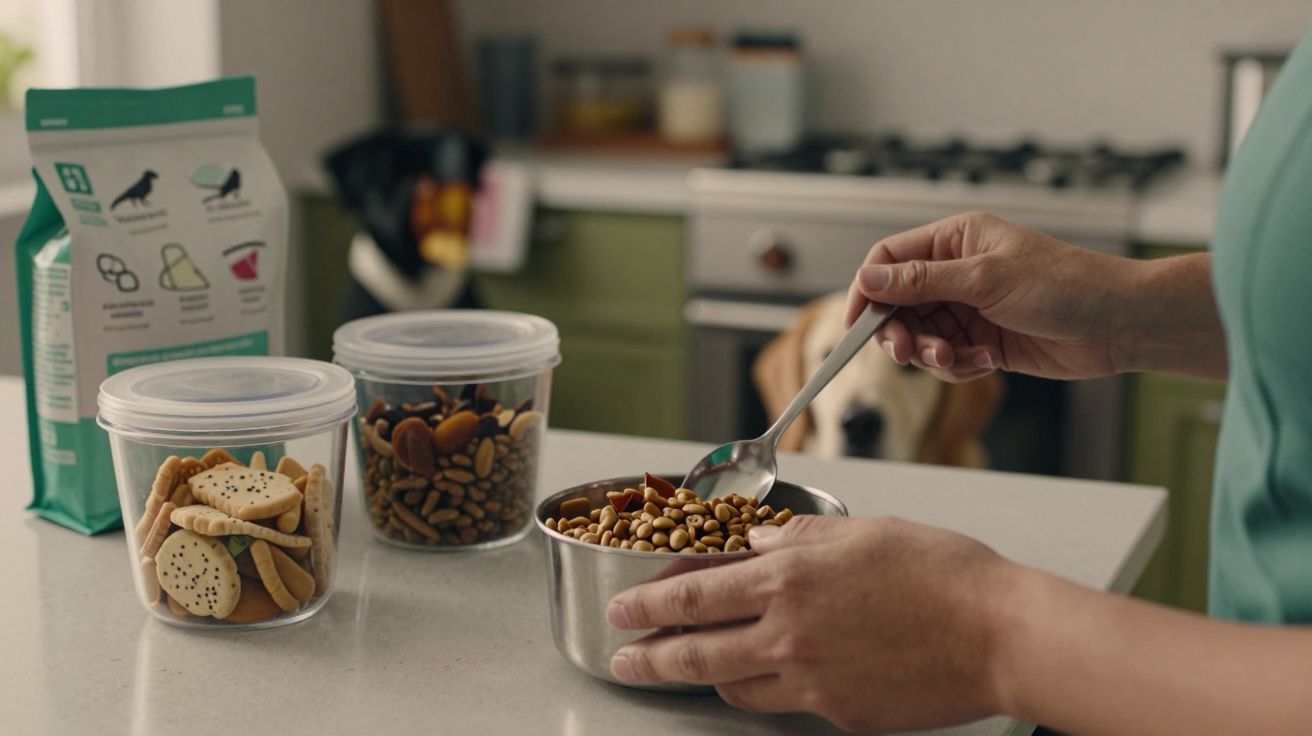 Pessoa serve ração para cão numa cozinha, com recipientes de snacks ao lado.