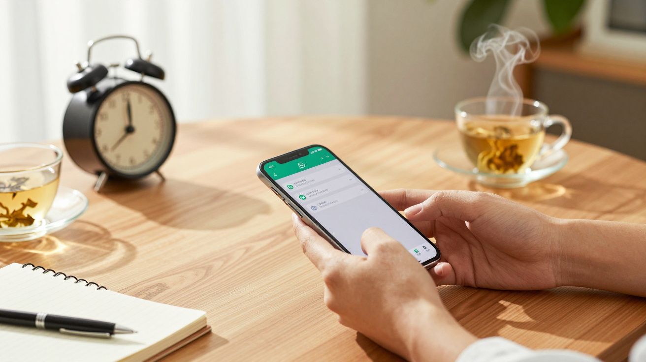Pessoa segurando telemóvel numa mesa com chávena de chá, bloco de notas, caneta e despertador ao fundo.