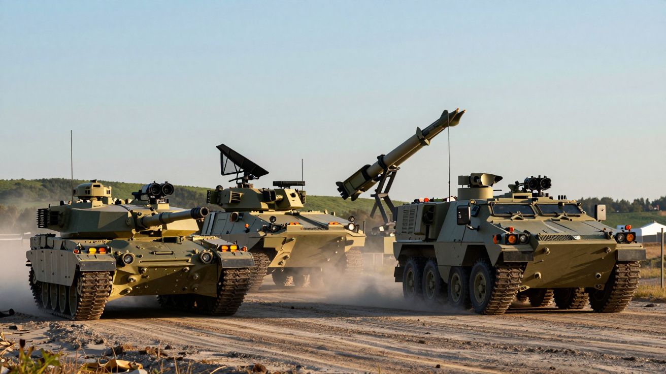 Três veículos blindados militares em movimento numa estrada de terra com céu claro ao fundo.
