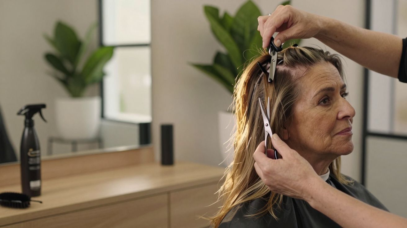 Mulher de cabelo castanho a ser cortado num salão de cabeleireiro. Plantas e espelho ao fundo.