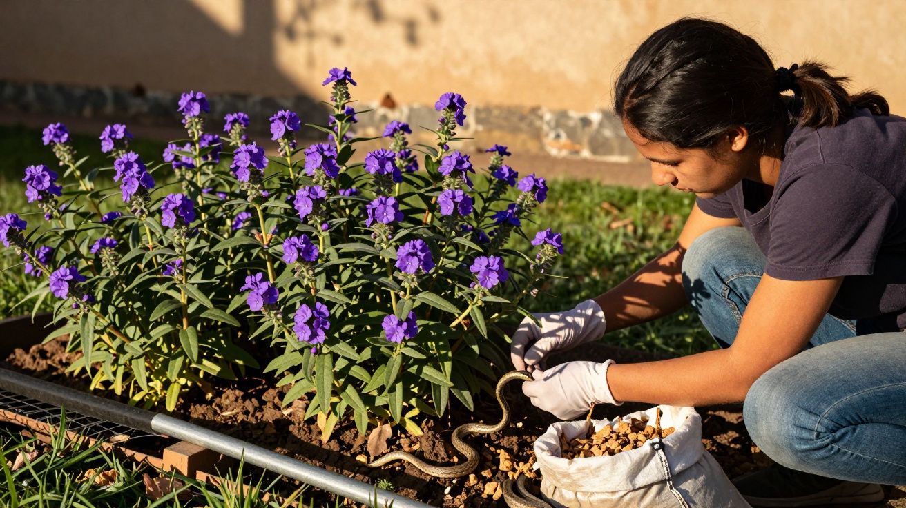 Mulher a trabalhar num jardim, com flores roxas e uma cobra no solo.