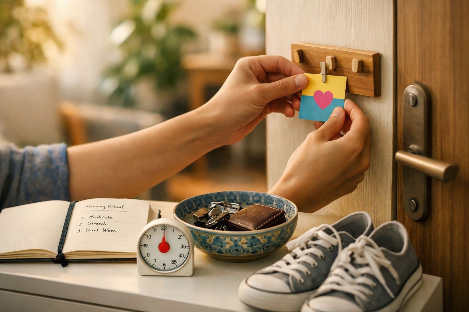 Pessoa segura garrafa e consulta agenda em cozinha minimalista com saco reutilizável e carteira na bancada.