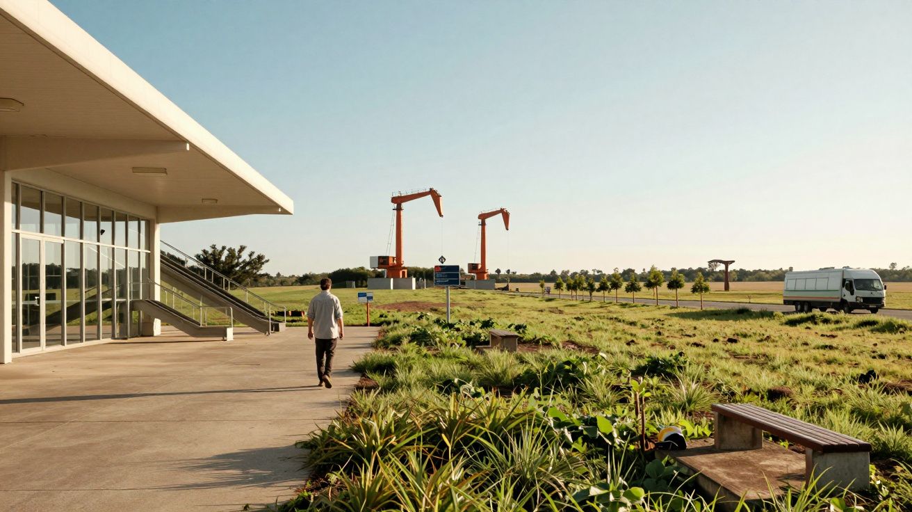 Homem caminha perto de edifício com fachada de vidro; fundo com gruas e vegetação verde.