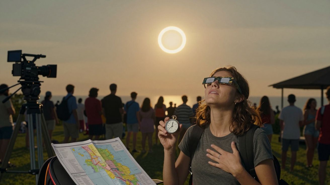 Mulher com óculos especiais observa um eclipse solar, segurando um cronómetro e um mapa, rodeada por outras pessoas.