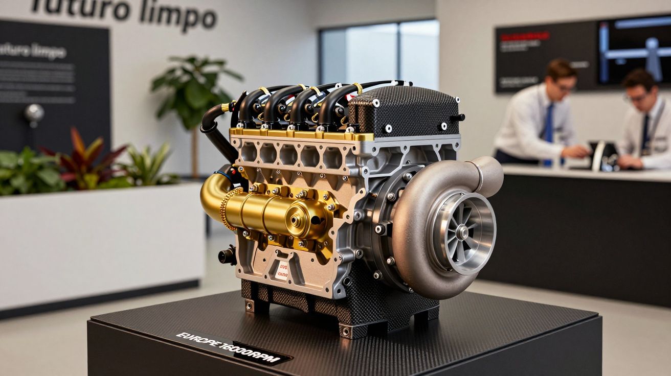 Motor exposto num suporte com fundo de laboratório e duas pessoas ao fundo.