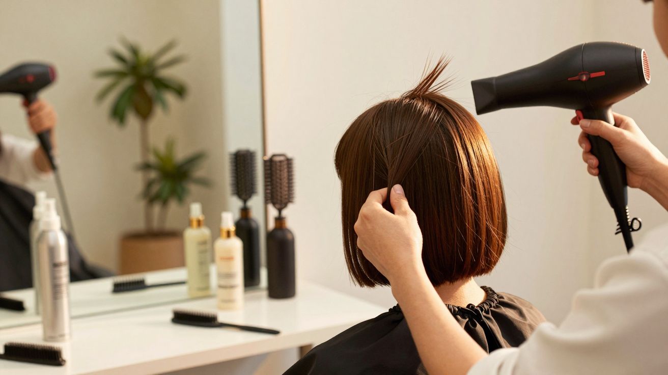 Mulher num salão a secar o cabelo com secador, penteando cabelo castanho curto ao espelho.