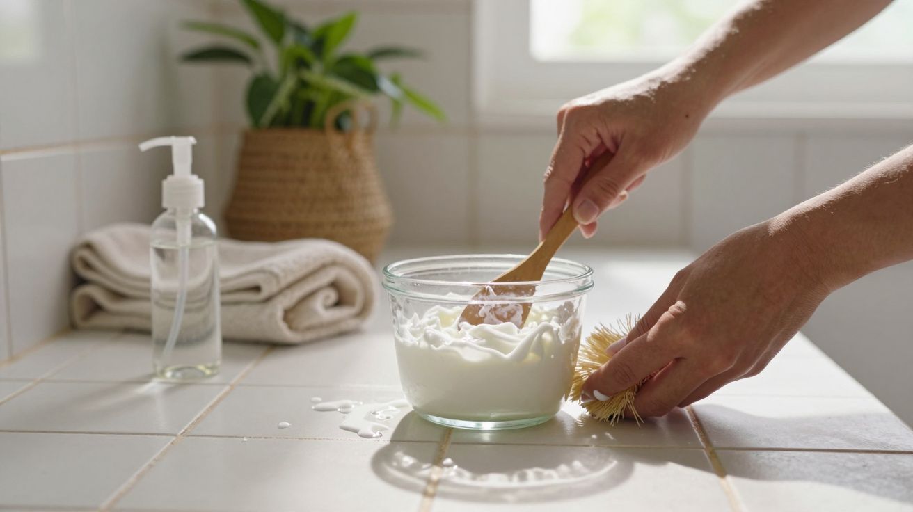 Mãos misturam creme branco numa taça com uma colher, numa bancada de casa de banho com toalhas e plantas.
