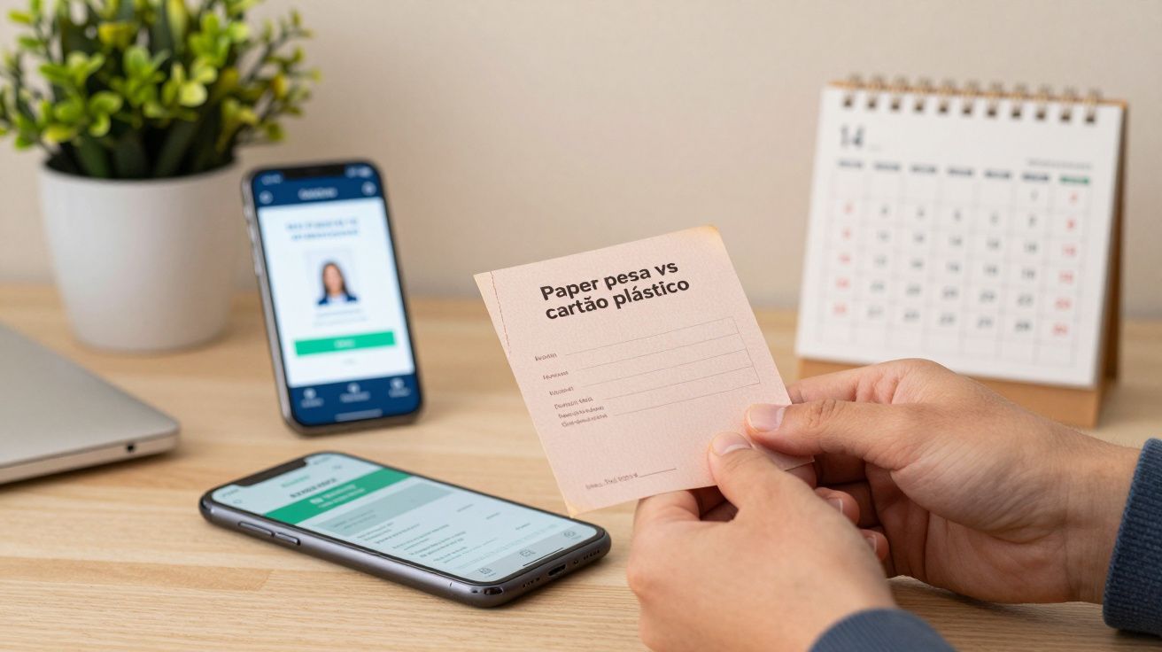 Pessoa segura cartão ao lado de smartphone, portátil, agenda e planta em mesa de madeira.