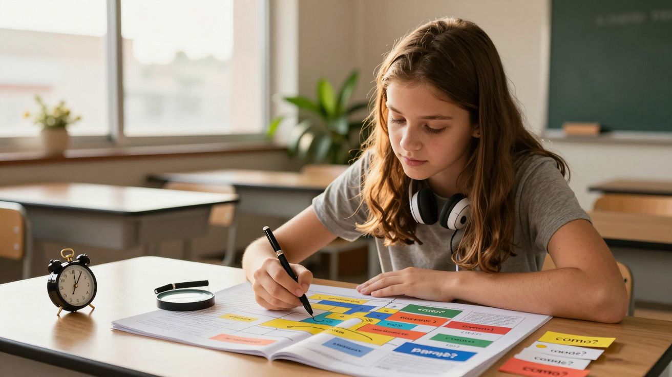 Jovem a estudar numa sala de aula, com auscultadores ao pescoço, escrevendo num caderno com papéis coloridos ao seu lado.