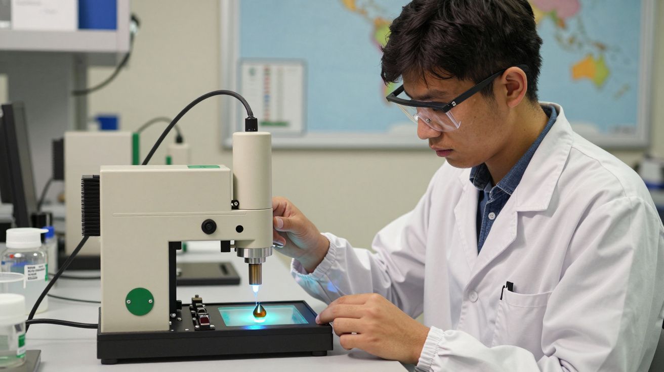 Cientista em laboratório a usar equipamento de análise, vestindo bata e óculos de proteção.