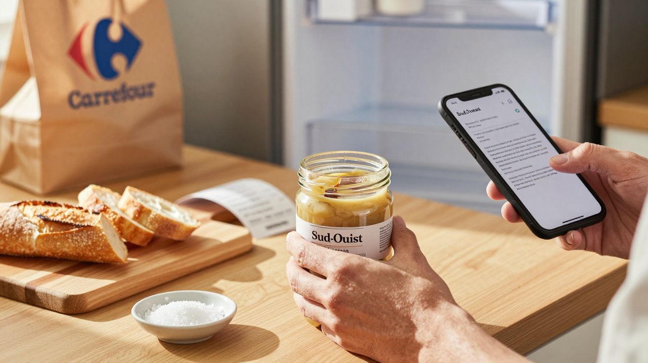 Pessoa segura frasco de pickles e telemóvel, com pão e saco Carrefour ao fundo, num balcão de cozinha.