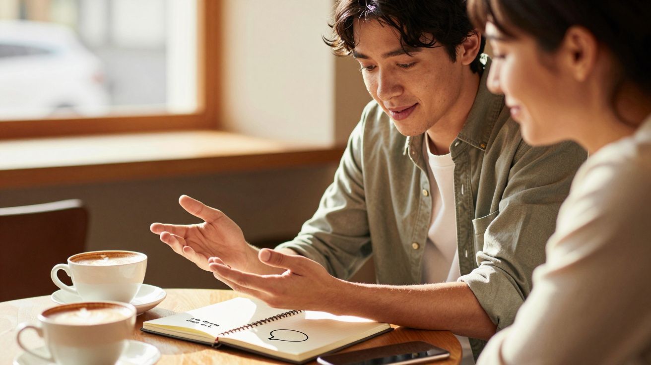 Duas pessoas conversam num café, com chávenas de cappuccino e um caderno aberto sobre a mesa.