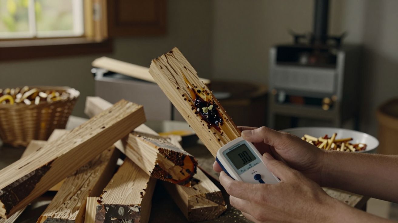 Pessoa segura peça de madeira com resina, medindo-a com dispositivo digital em mesa com mais pedaços ao fundo.