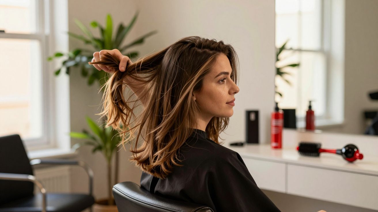 Mulher com cabelo castanho liso no salão, sentada numa cadeira, segurando o cabelo enquanto olha para o espelho.