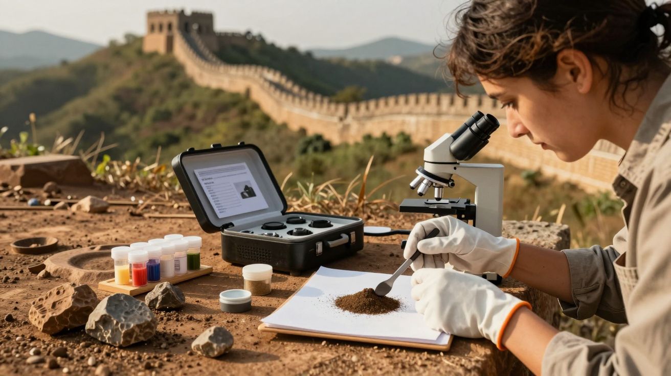 Mulher analisa amostra de solo com microscópio ao ar livre perto da Grande Muralha da China.