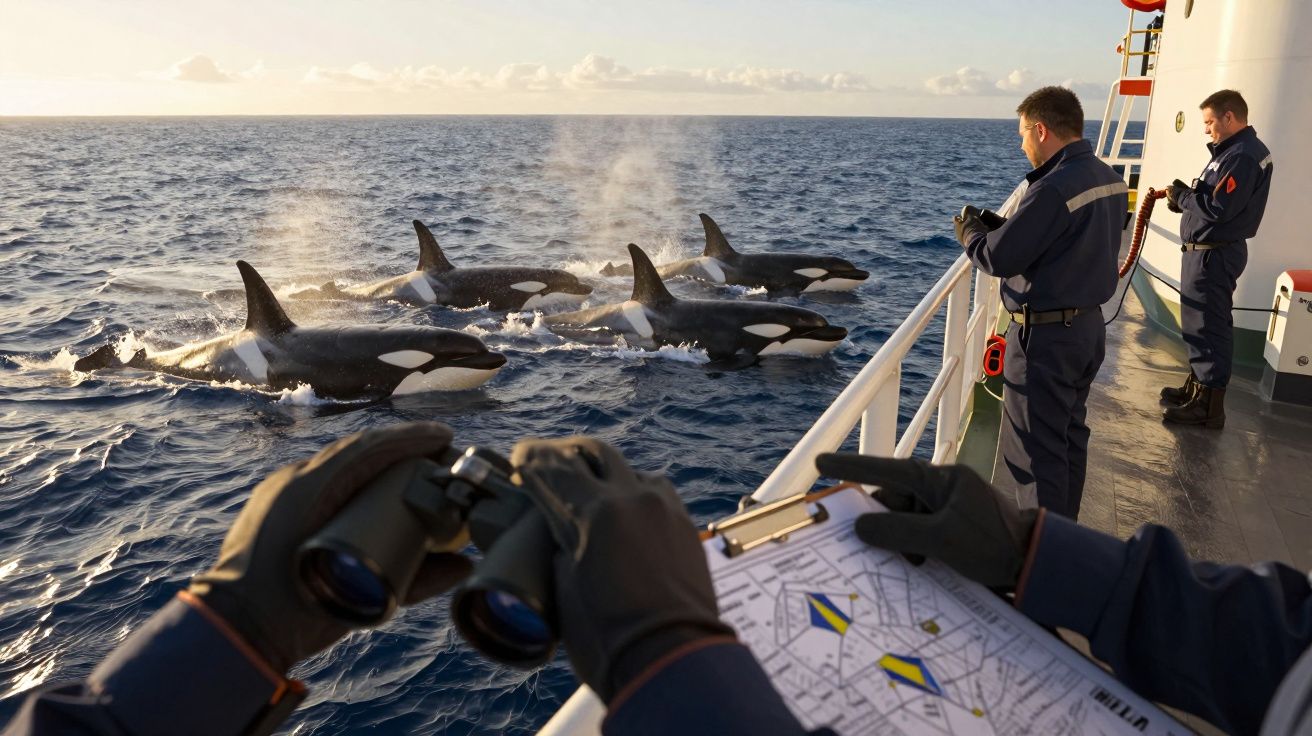 Pessoas num barco observam um grupo de orcas a nadar perto do mar, utilizando binóculos e mapa.