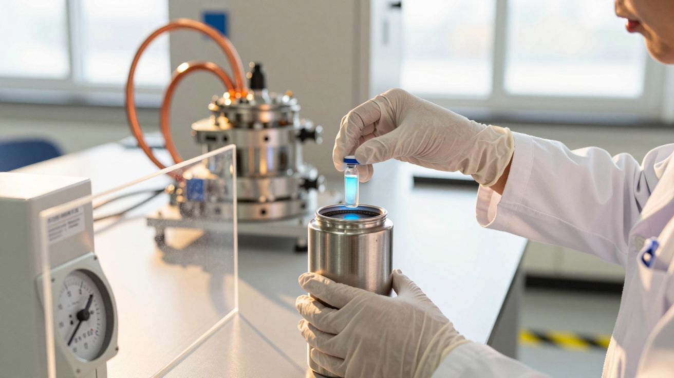 Cientista em laboratório segurando frasco azul, com equipamento científico no fundo.