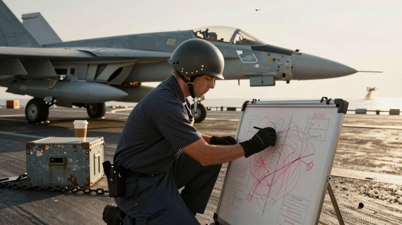 Homem com capacete anota num quadro branco num convés de porta-aviões; jato cinza ao fundo.